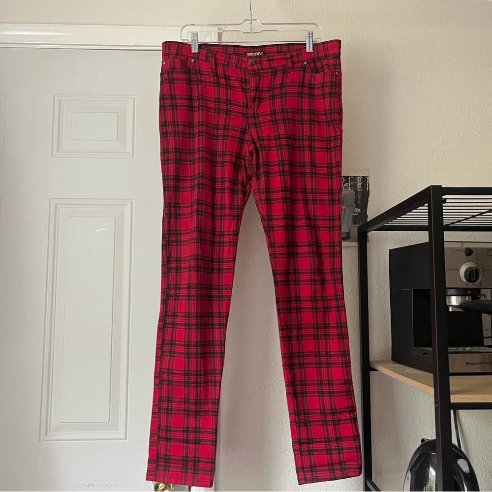 RUN & FLY England red black check plaid cotton blend‎ slim skinny leg pants